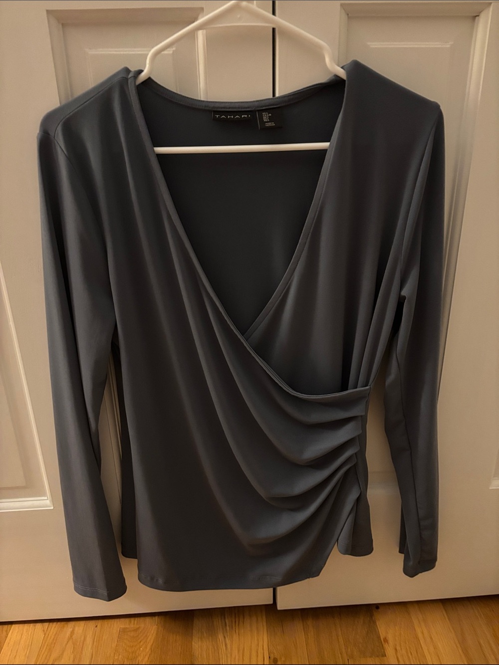 Tahari Slate Gray Faux-Wrap Long Sleeve Top